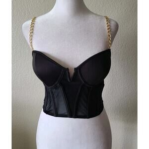 Say What Black Bustier Gold Chain‎ Strap Crop Top Women SZ Small Zip Up Corset